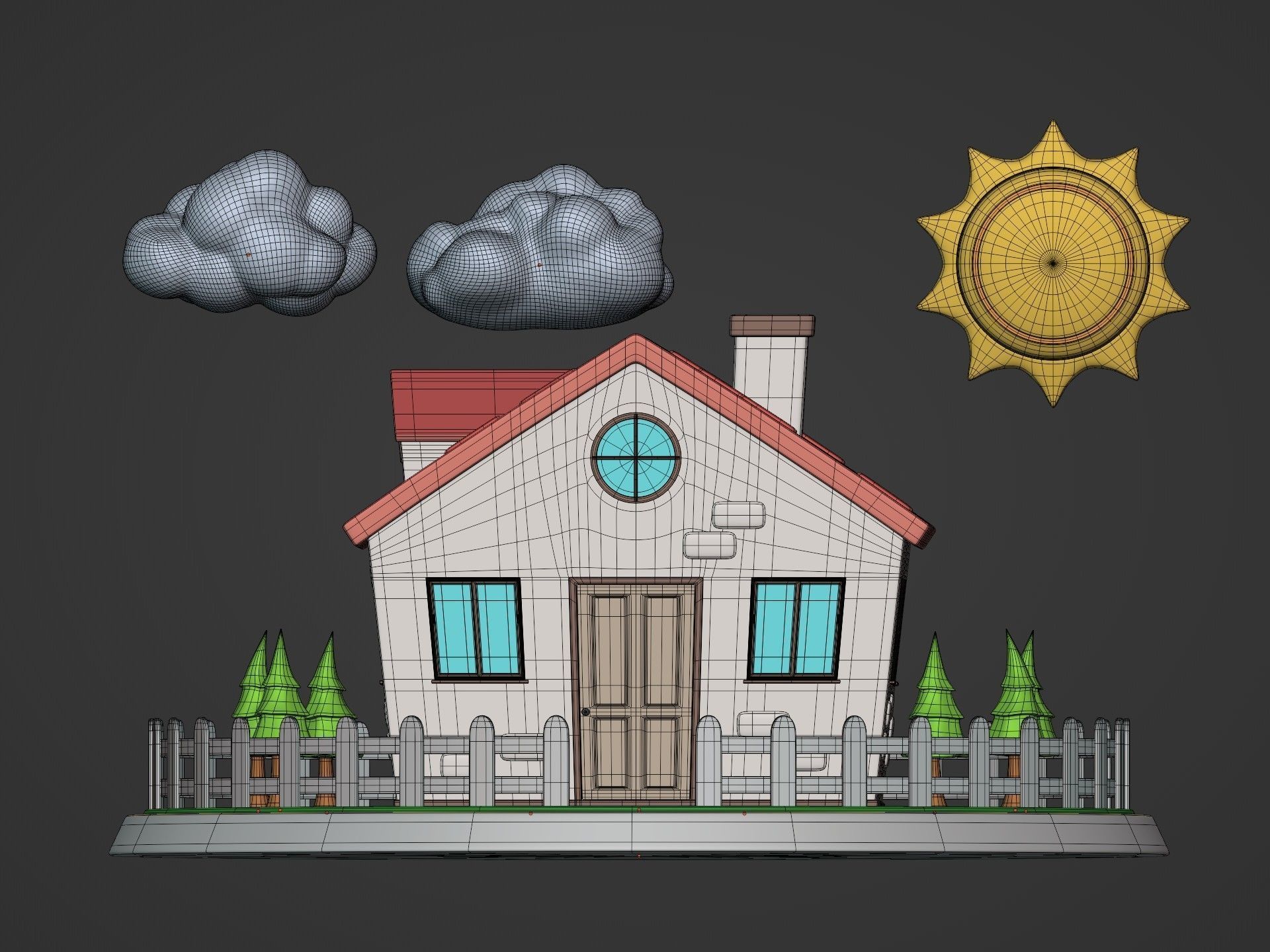 Cartoon House - Sun - Clouds - Tree - Garden Low-poly 3D model_6