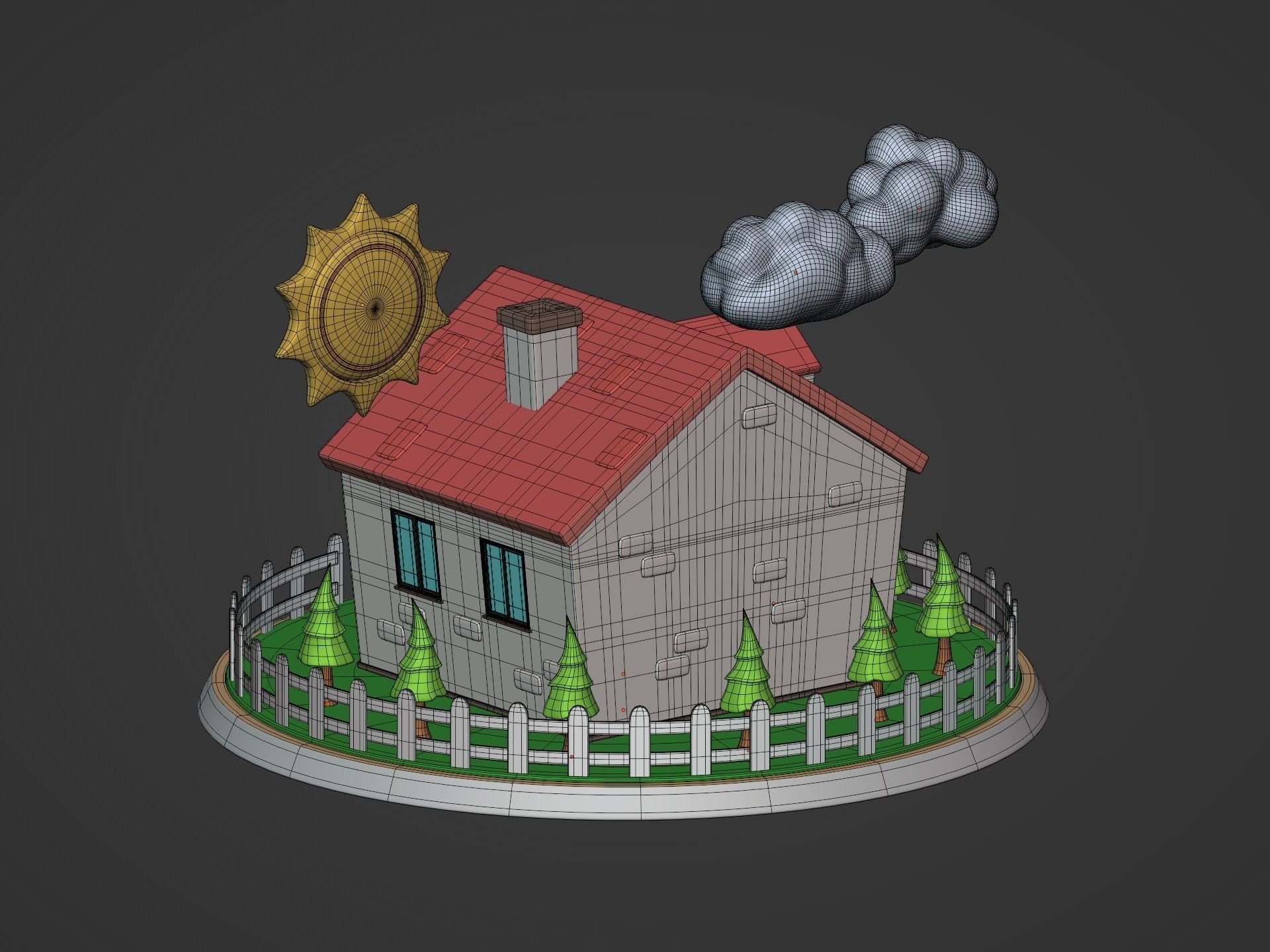 Cartoon House - Sun - Clouds - Tree - Garden Low-poly 3D model_12