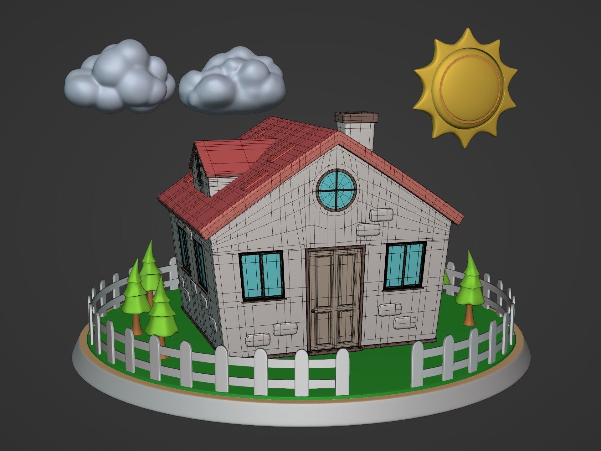 Cartoon House - Sun - Clouds - Tree - Garden Low-poly 3D model_2