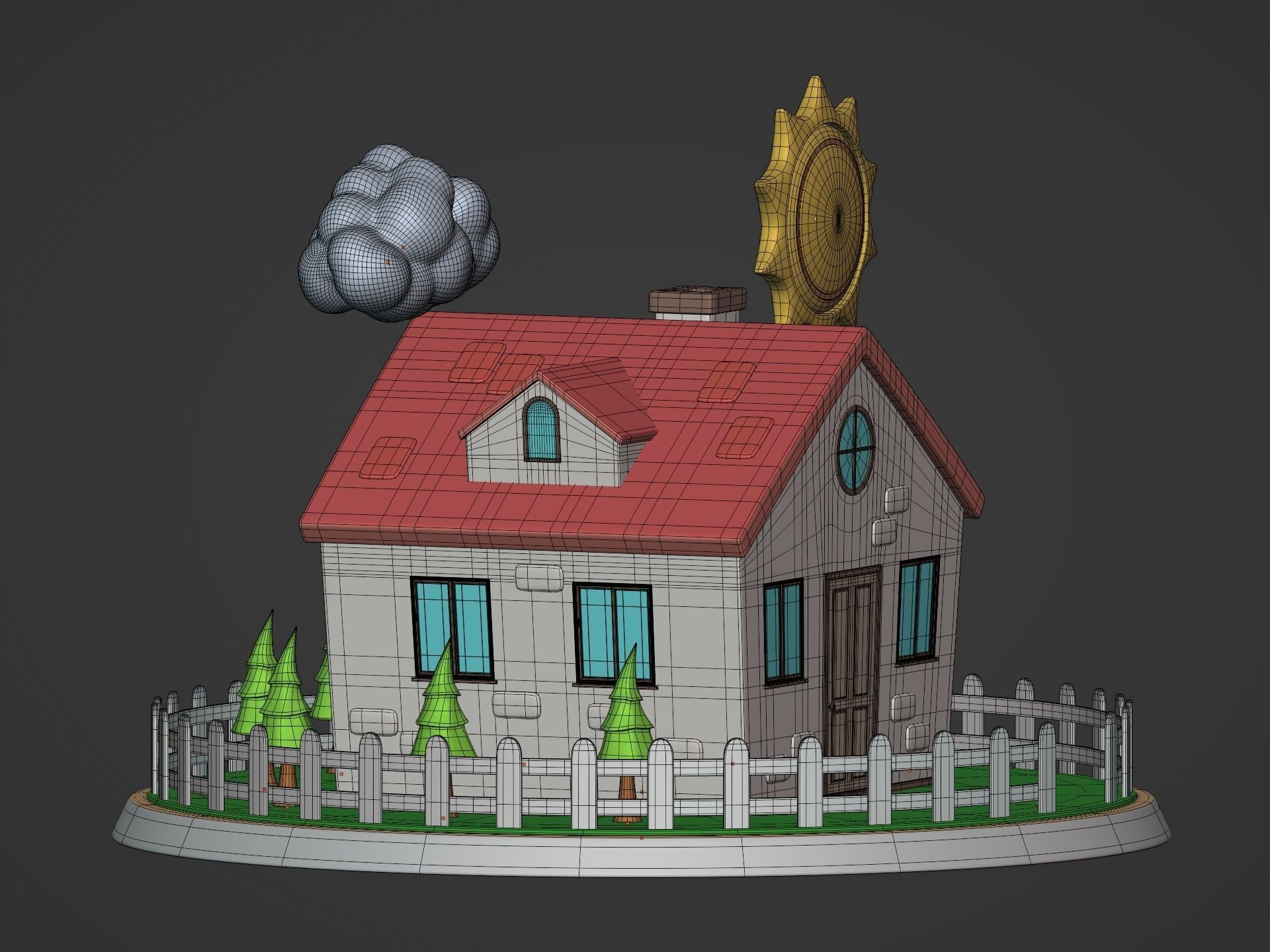 Cartoon House - Sun - Clouds - Tree - Garden Low-poly 3D model_8