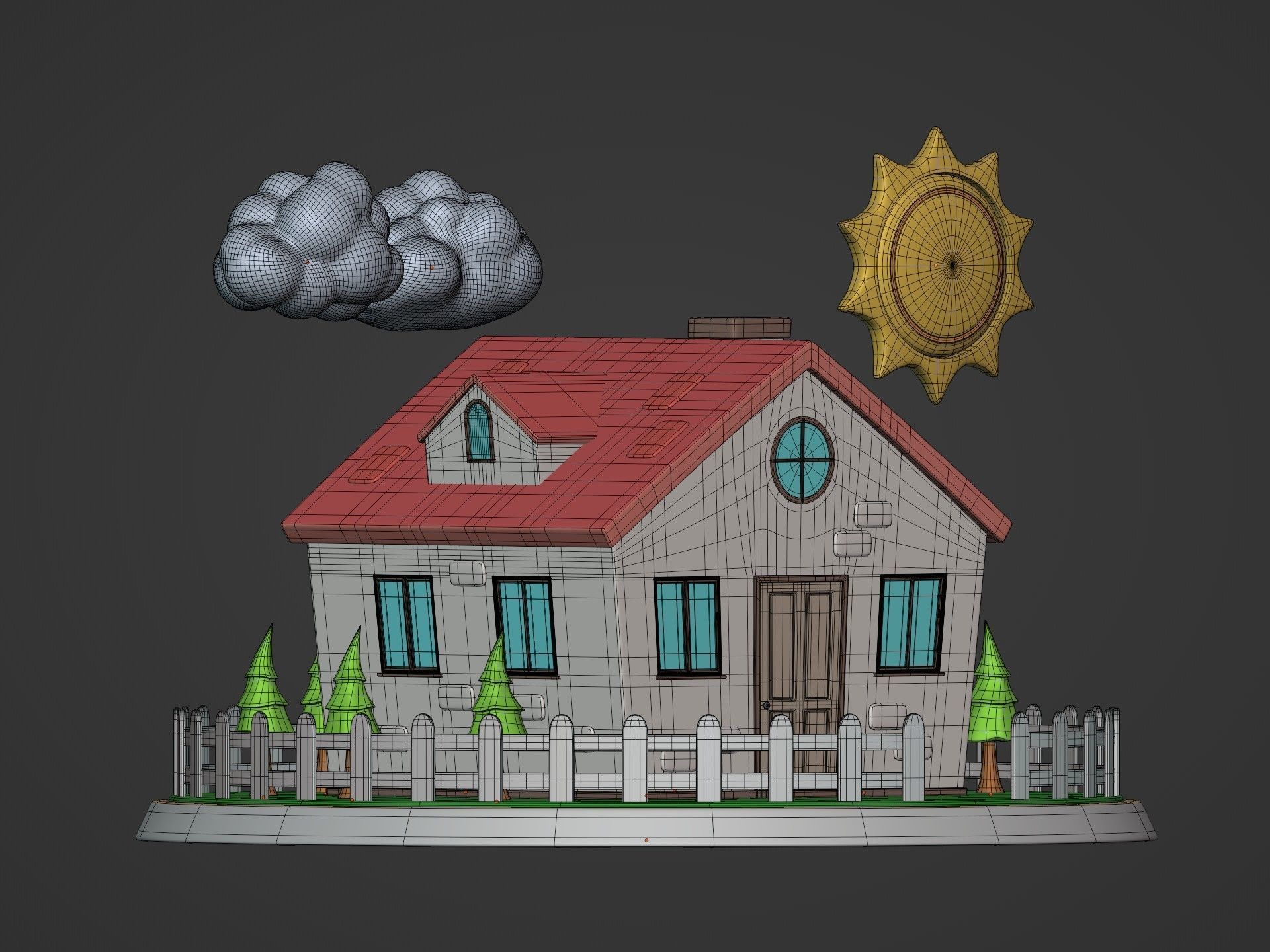 Cartoon House - Sun - Clouds - Tree - Garden Low-poly 3D model_4