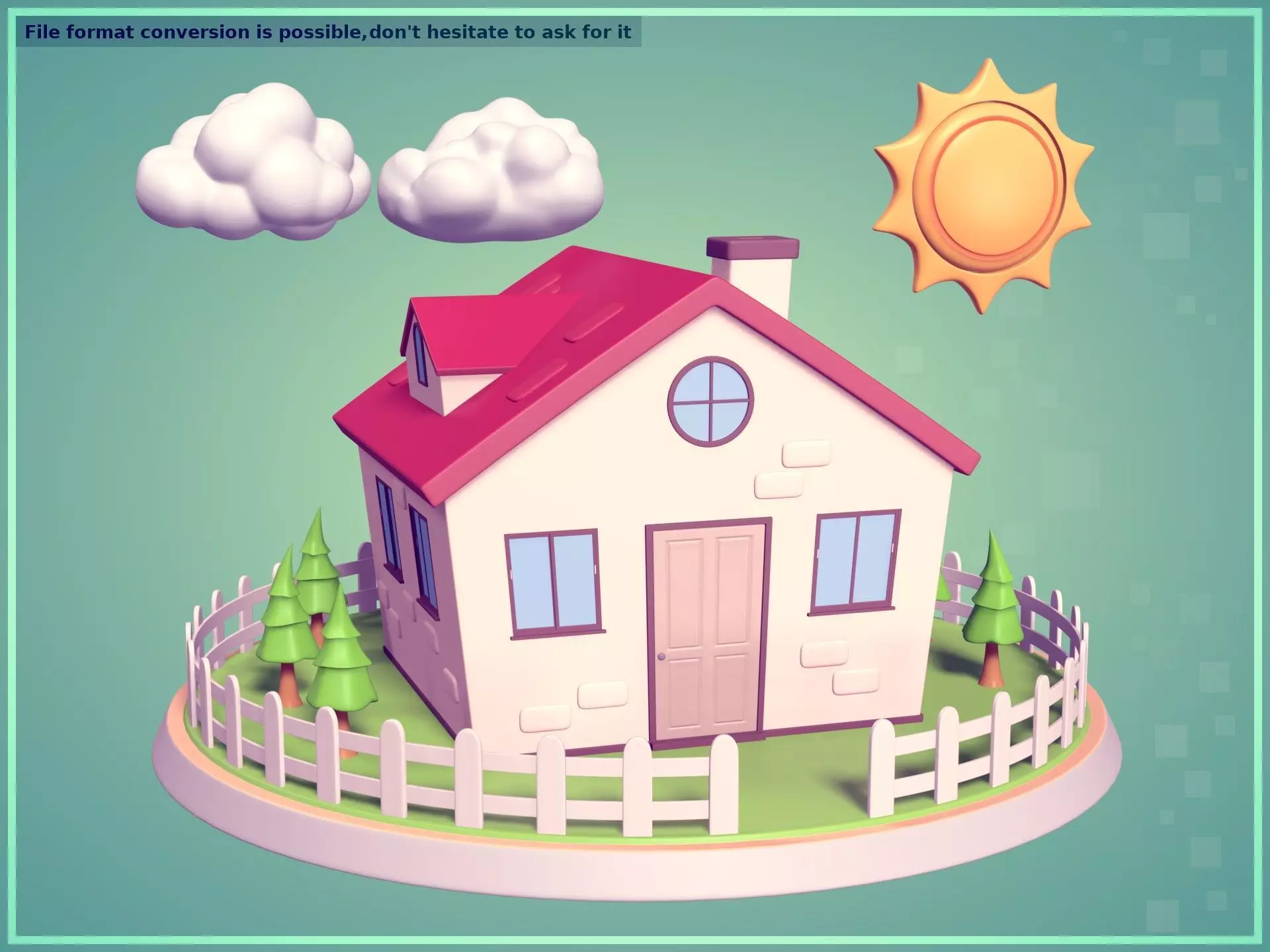 Cartoon House - Sun - Clouds - Tree - Garden Low-poly 3D model_0