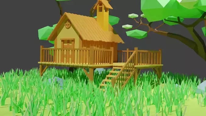 Low Poly House island with and trees Free low-poly 3D model Low Poly House island with and trees Free low-poly 3D model