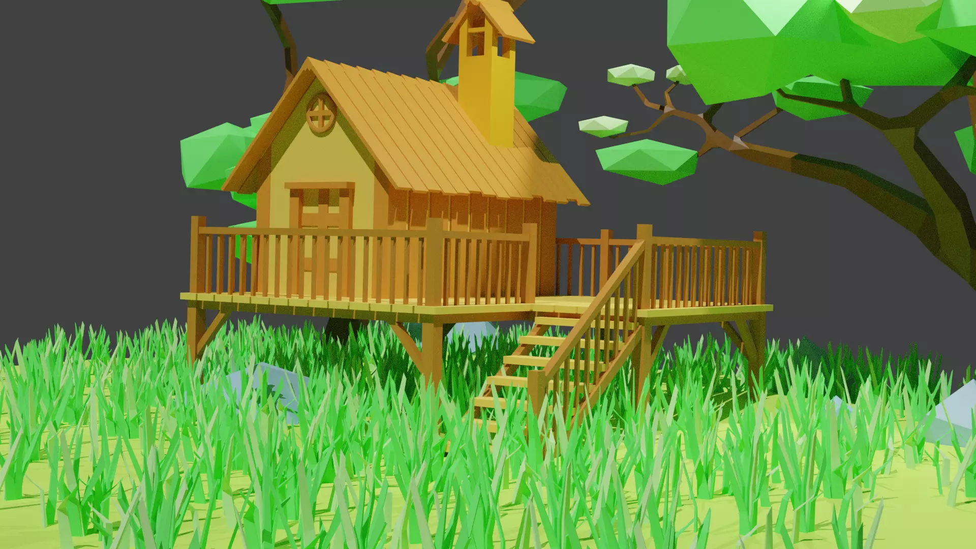 Low Poly House island with and trees Free low-poly 3D model_0