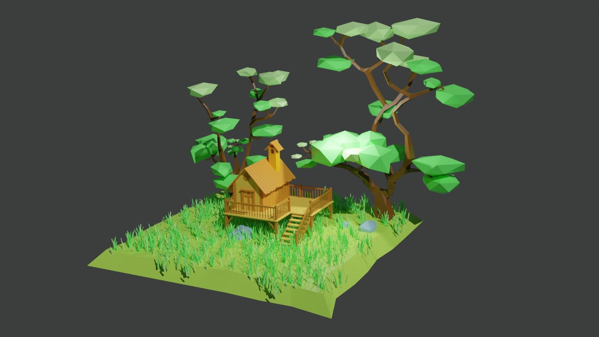 Low Poly House island with and trees Free low-poly 3D model_4