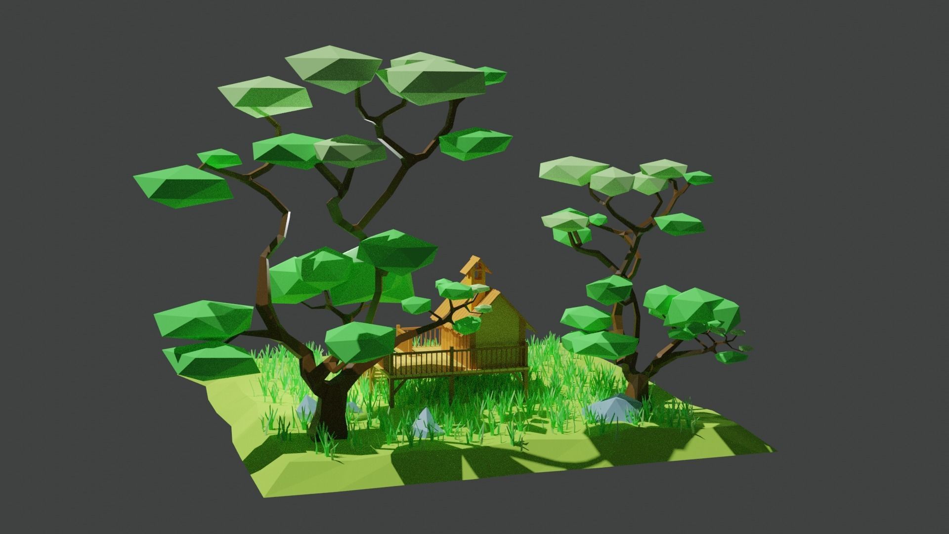 Low Poly House island with and trees Free low-poly 3D model_2