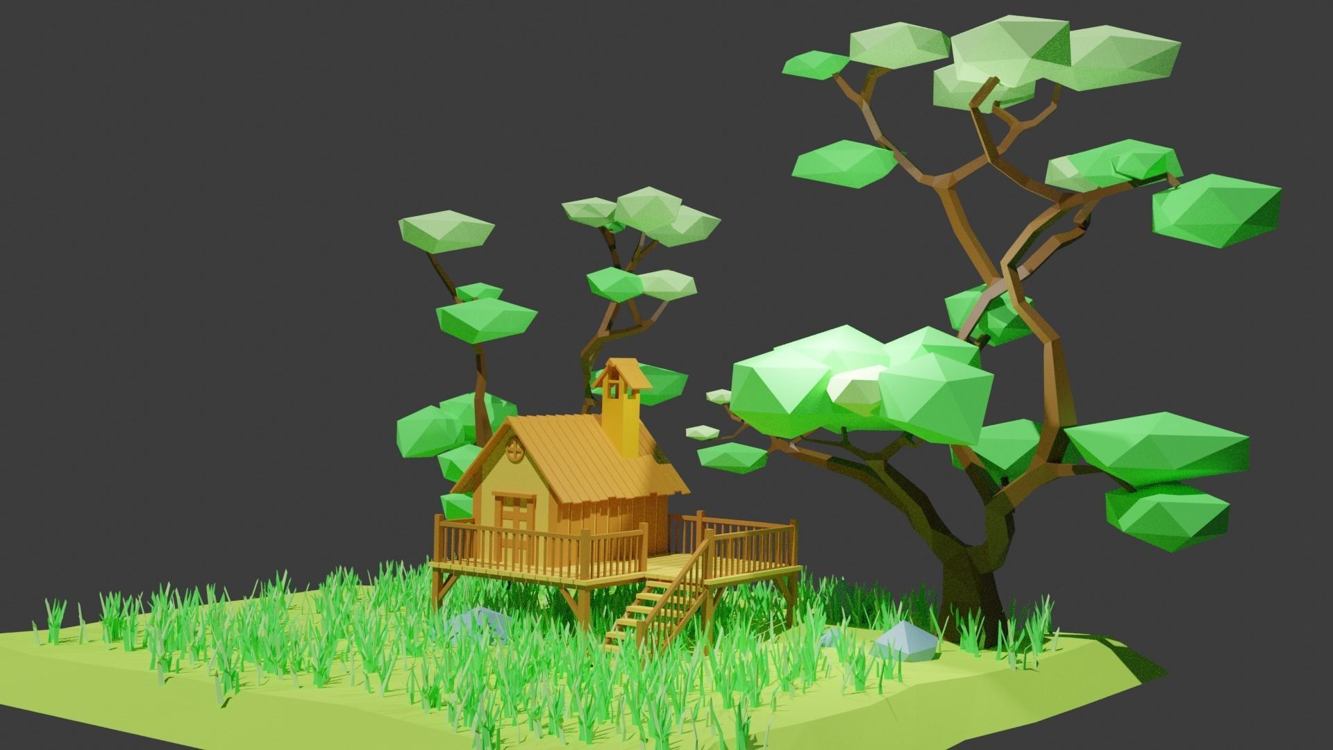 Low Poly House island with and trees Free low-poly 3D model_3