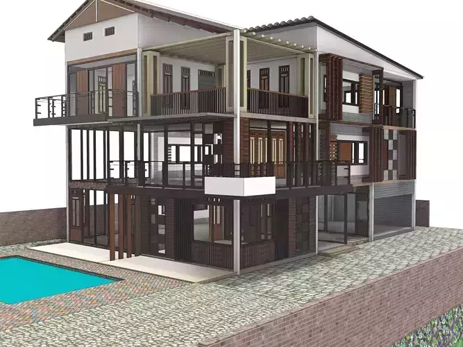 3D house with swimming pool 3D model