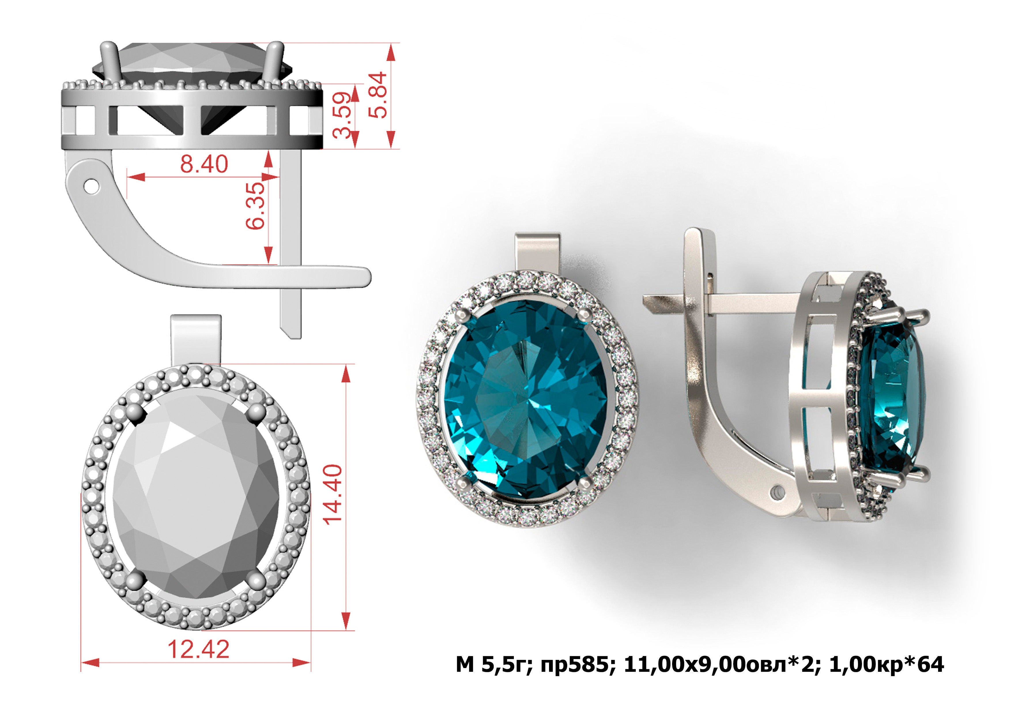 G0023 pair of earrings with topaz and diamonds 3D print model_1