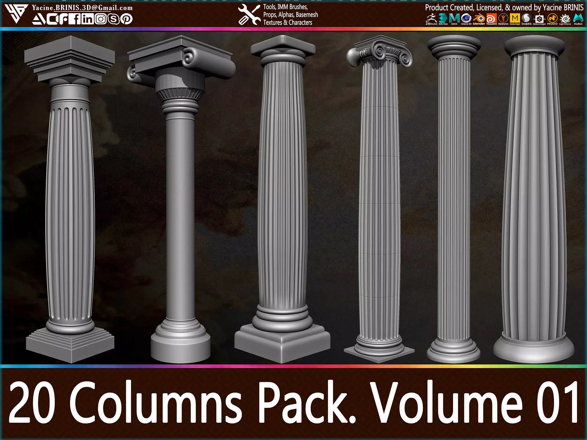 20 Columns Pack Vol 01 Low-poly 3D model_0