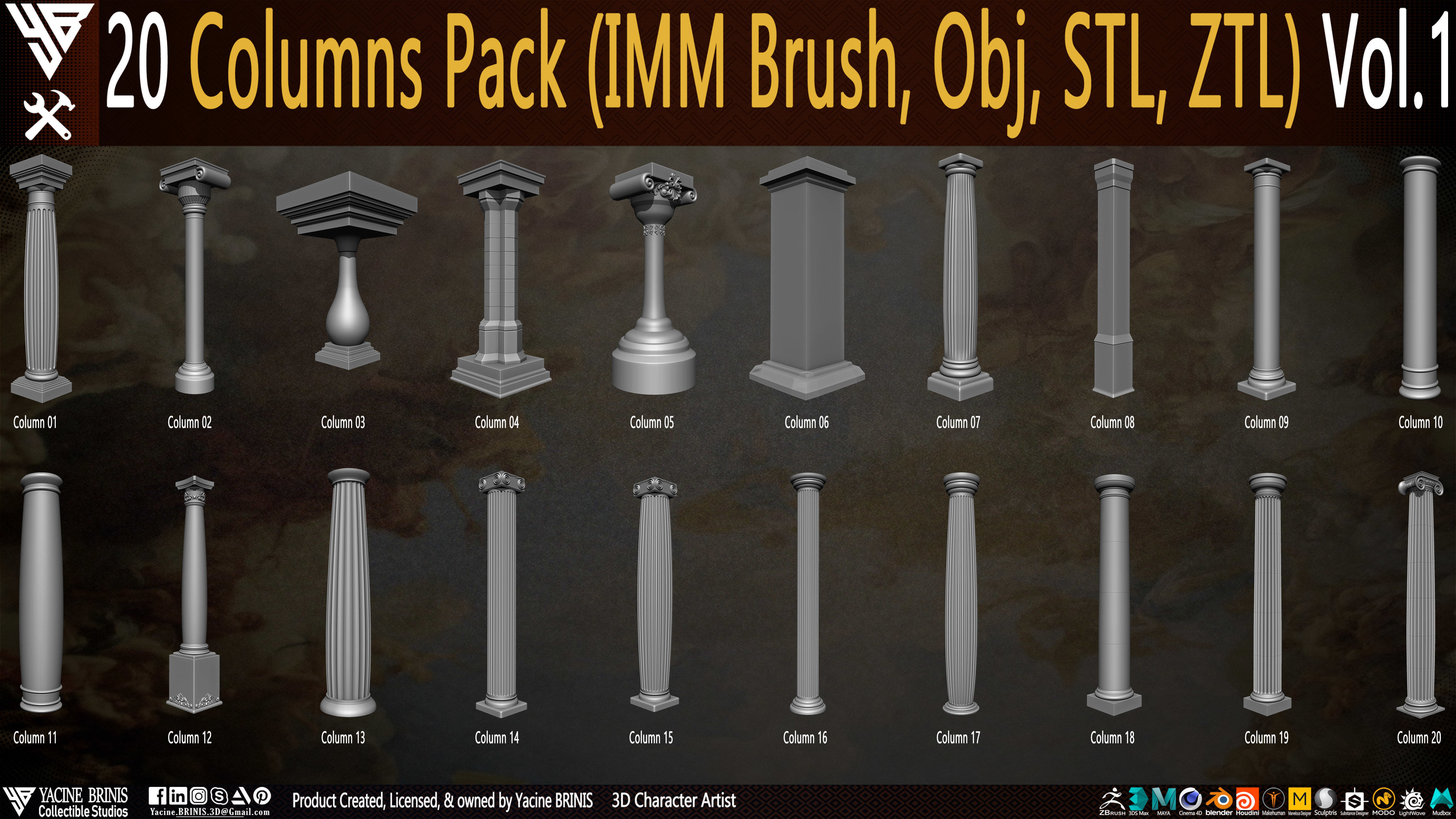 20 Columns Pack Vol 01 Low-poly 3D model_4