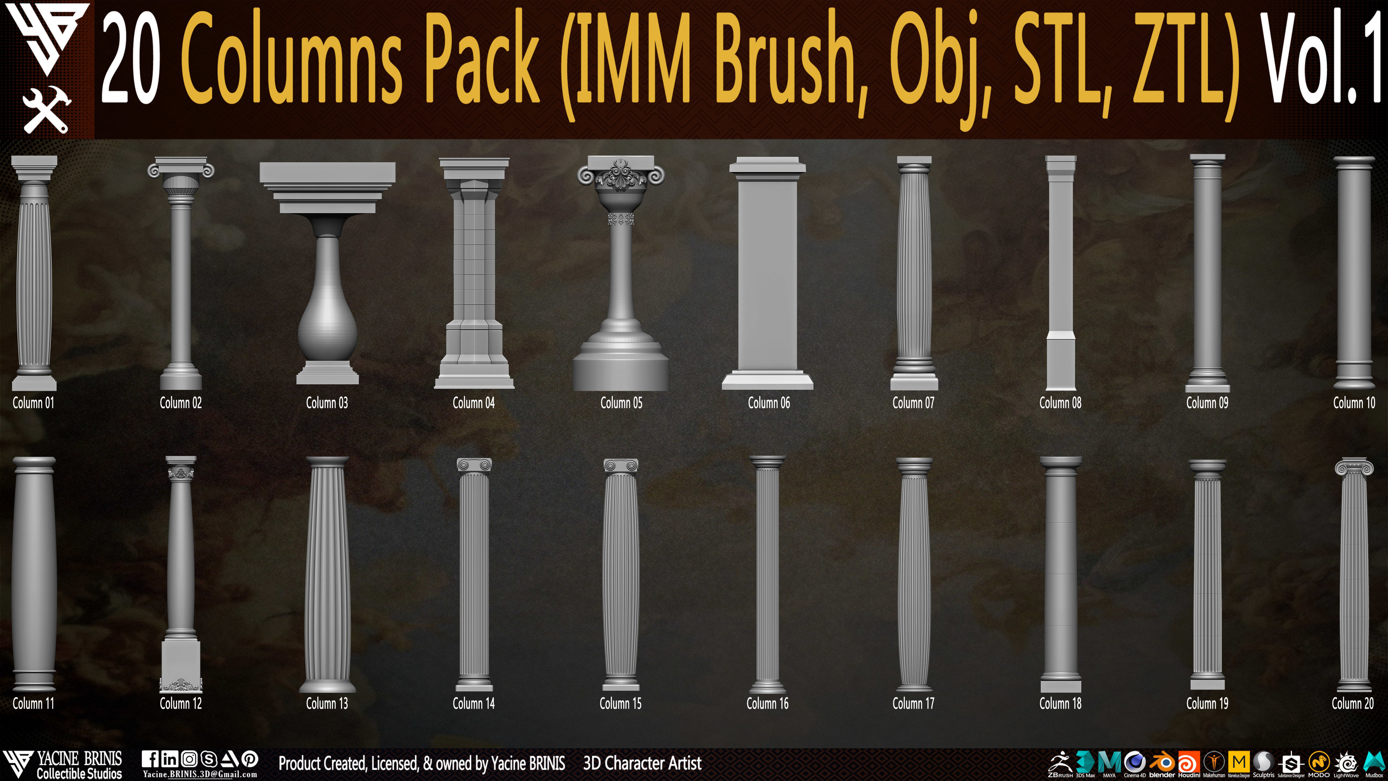 20 Columns Pack Vol 01 Low-poly 3D model_3