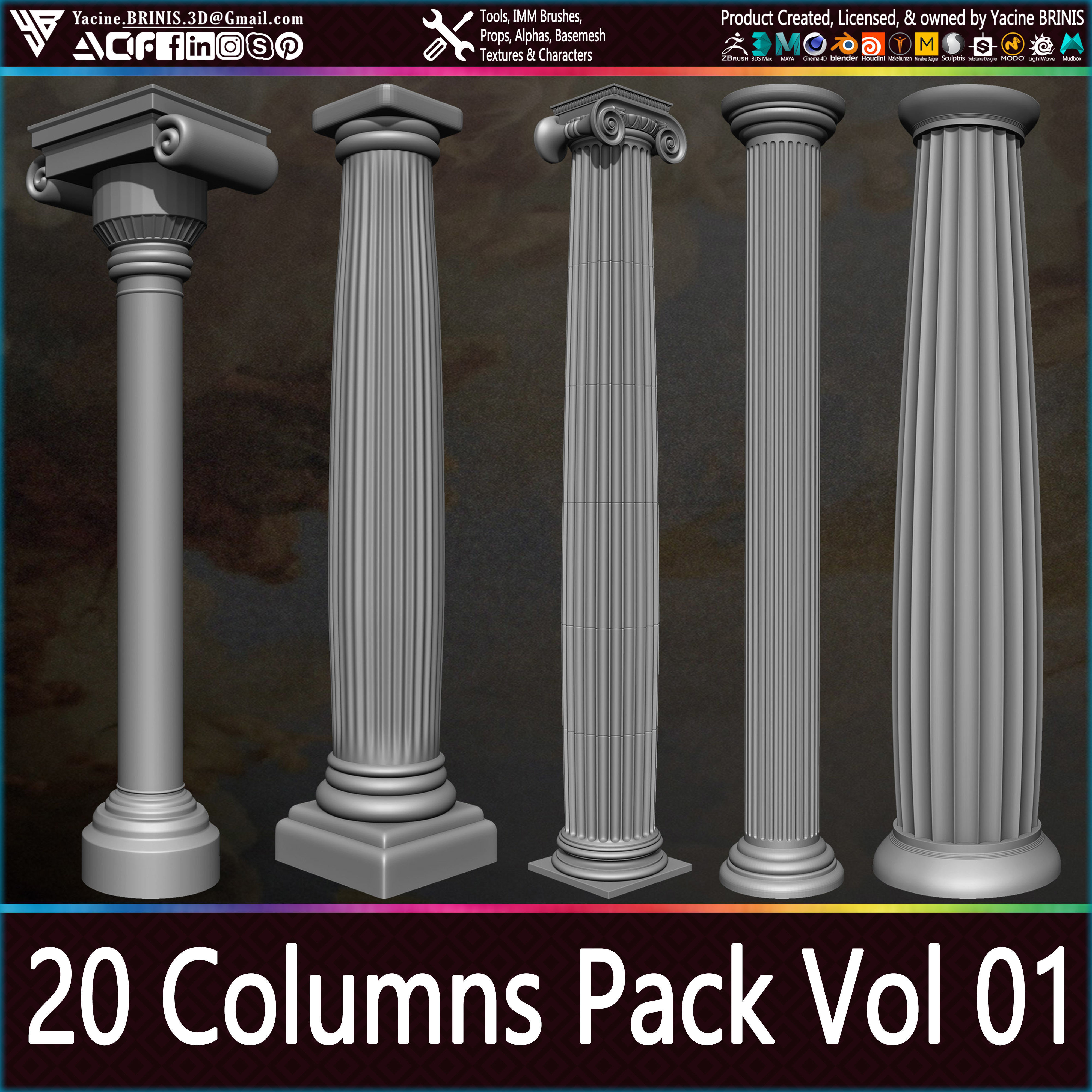 20 Columns Pack Vol 01 Low-poly 3D model_9