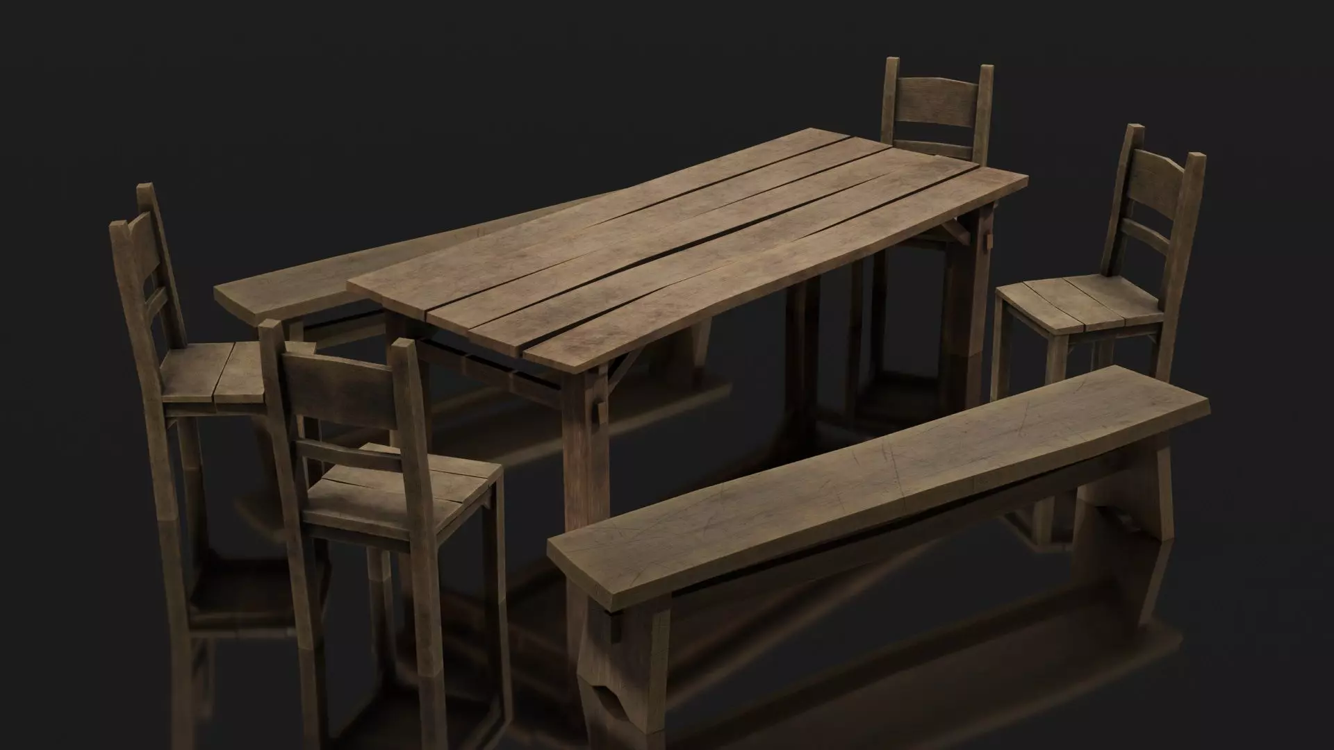 Old Wooden Medieval Dining Table Low-poly 3D model_0