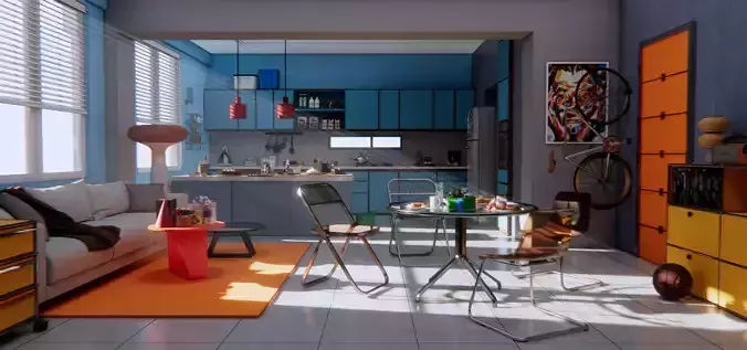 kitchen orange and living room