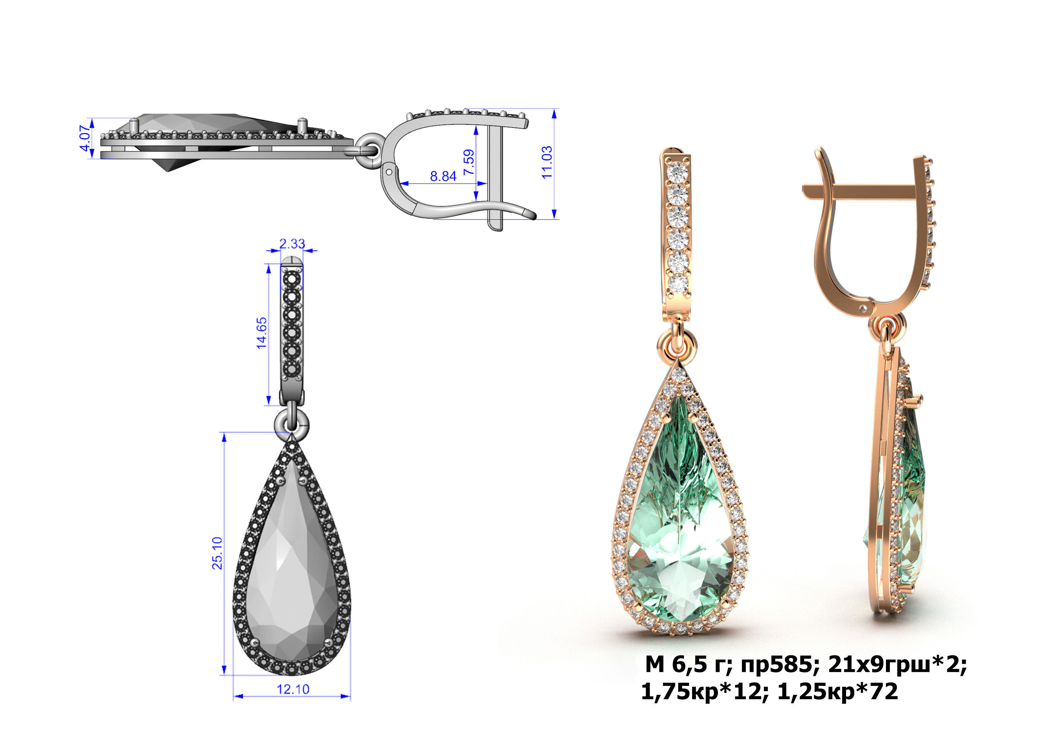 G0092 amethyst and diamond earrings in rose gold 3D print model_1