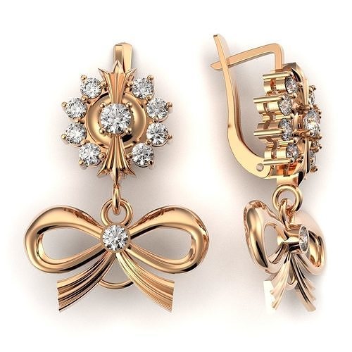 G0071 rose gold bow earrings with diamonds 3D print model