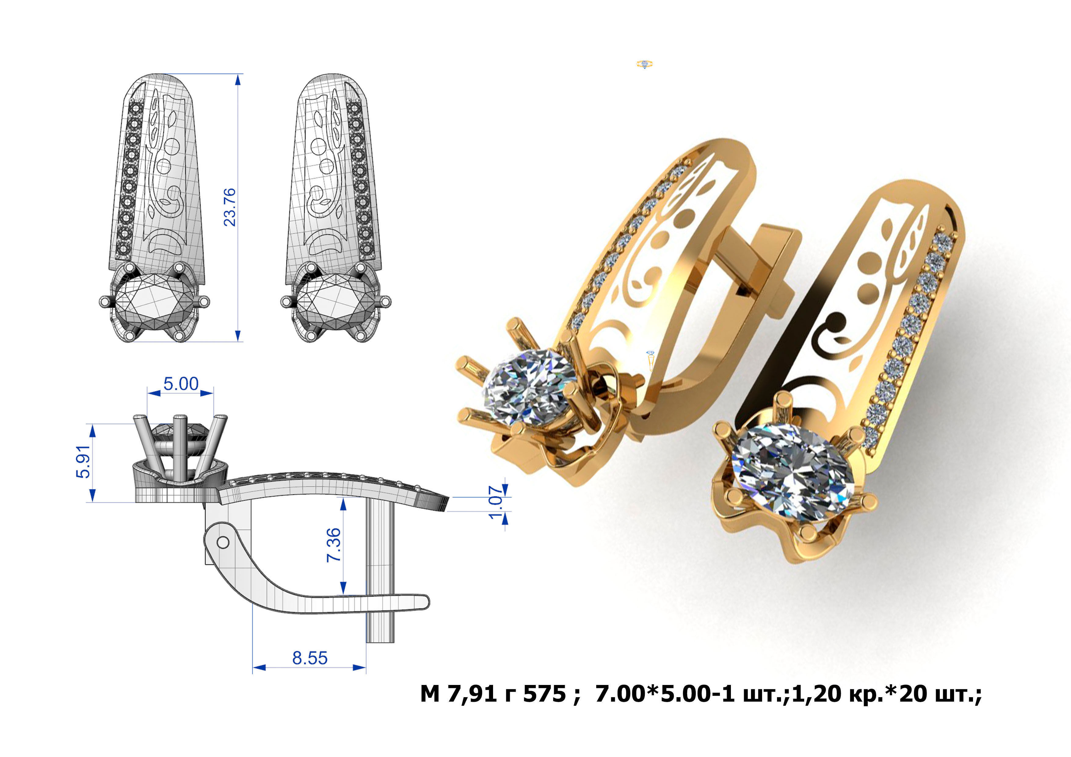 G0060 pair of gold cufflinks with diamonds 3D print model_1