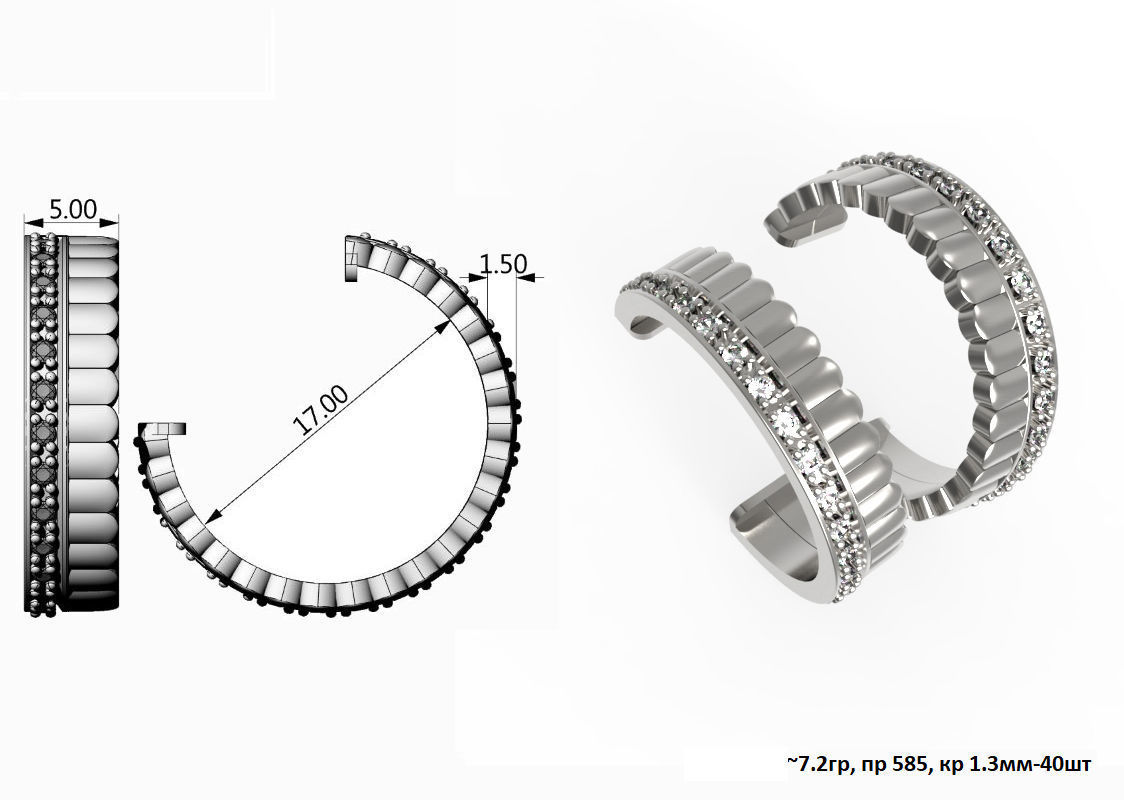 G0135 silver cuff ring with diamonds 3D print model_1