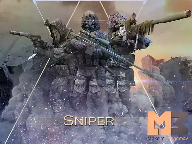 Sniper different colored guns Low-poly 3D model