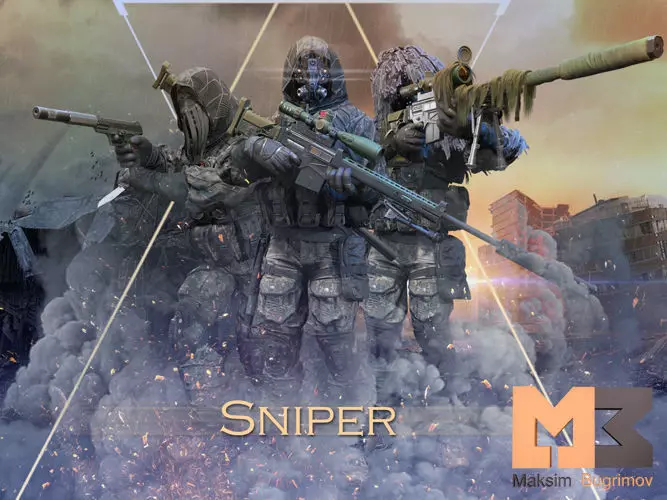 Sniper different colored guns Low-poly 3D model_0