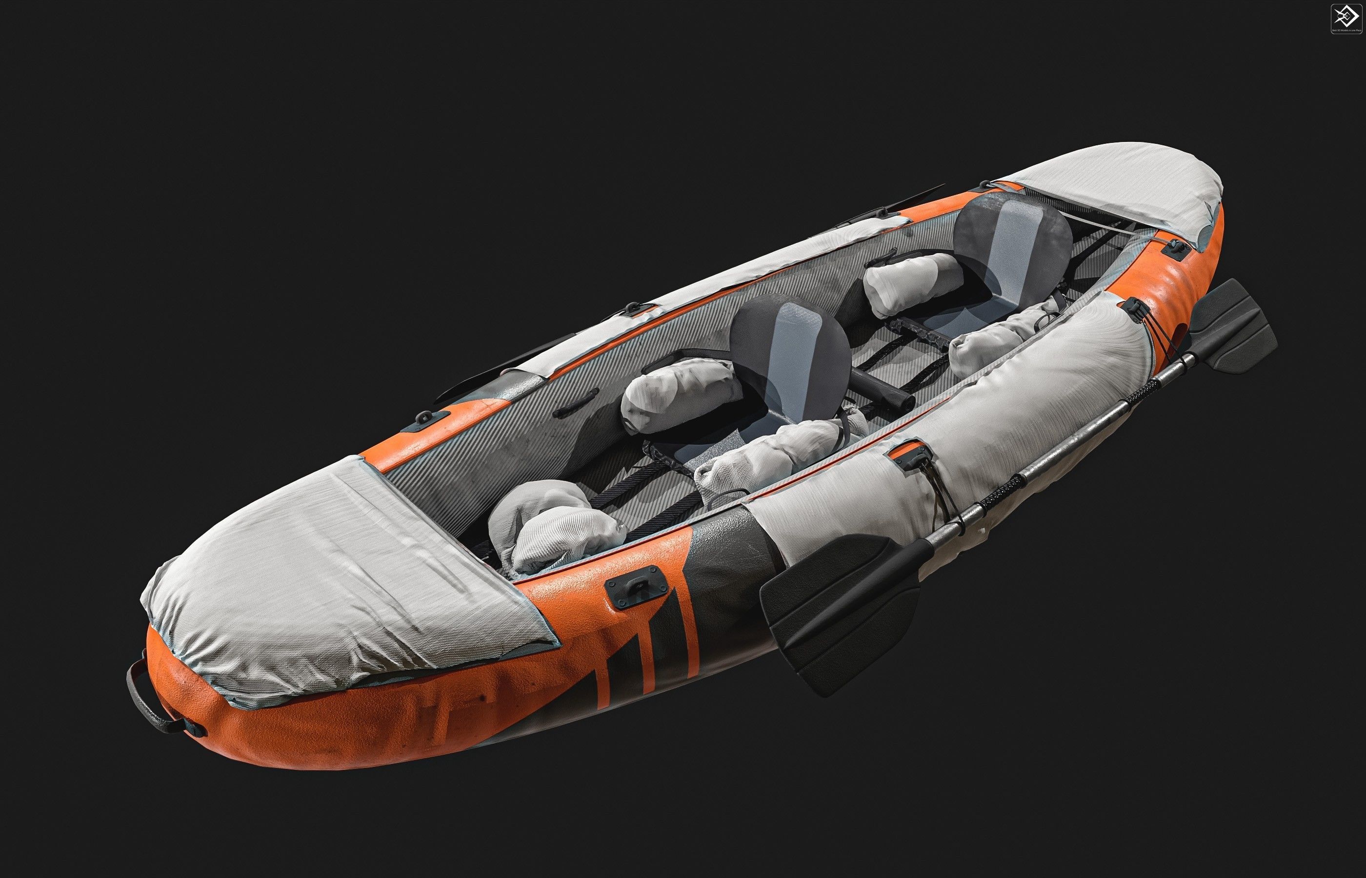 Can-Kayak-And-Paddles orange and raft 3D model_1