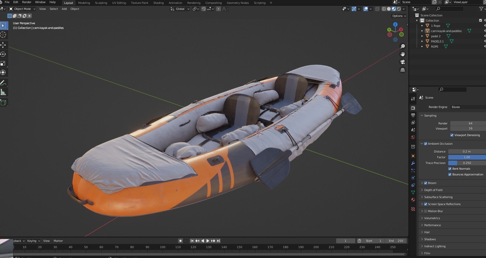 Can-Kayak-And-Paddles orange and raft 3D model_13