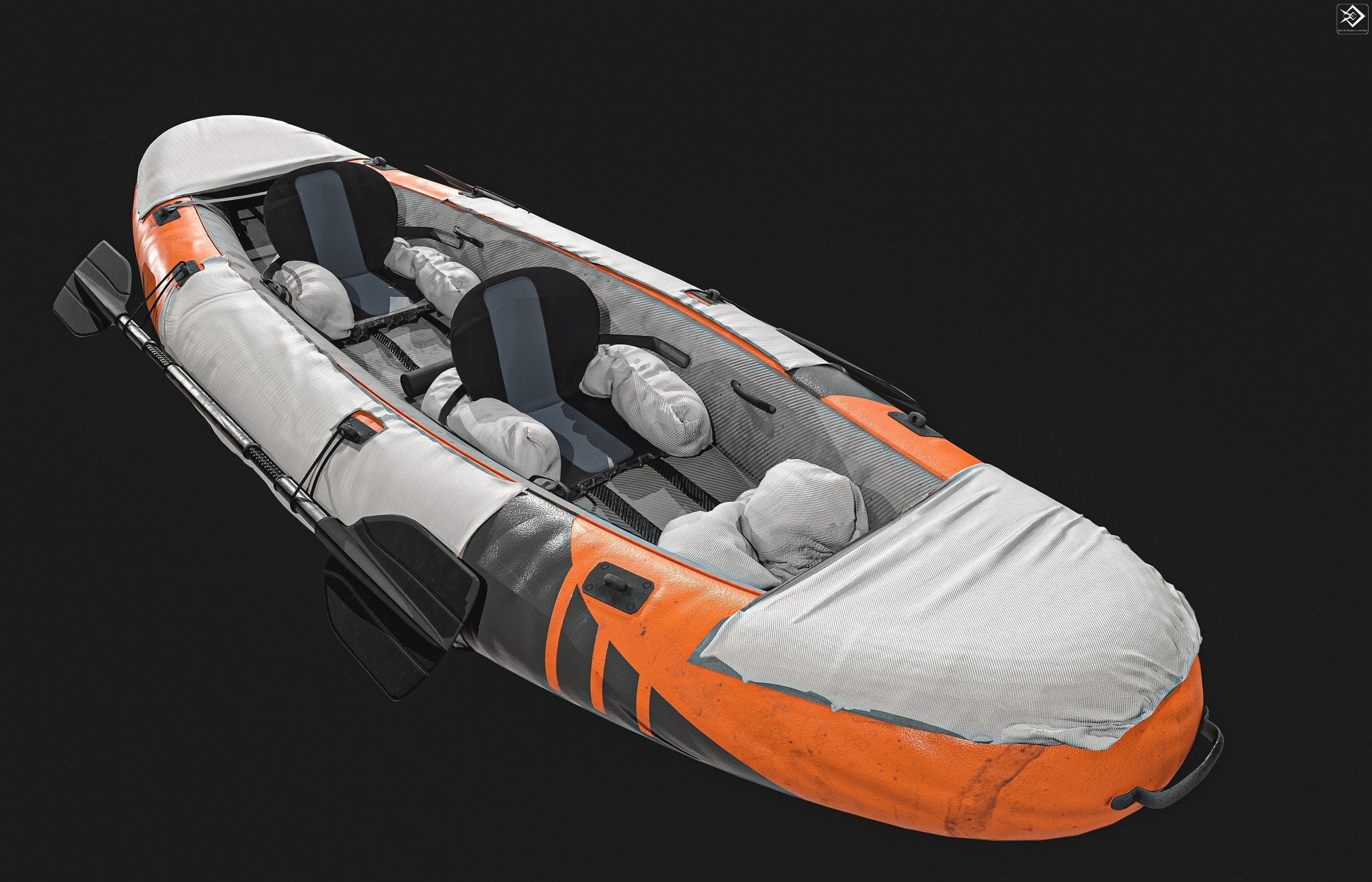 Can-Kayak-And-Paddles orange and raft 3D model_4