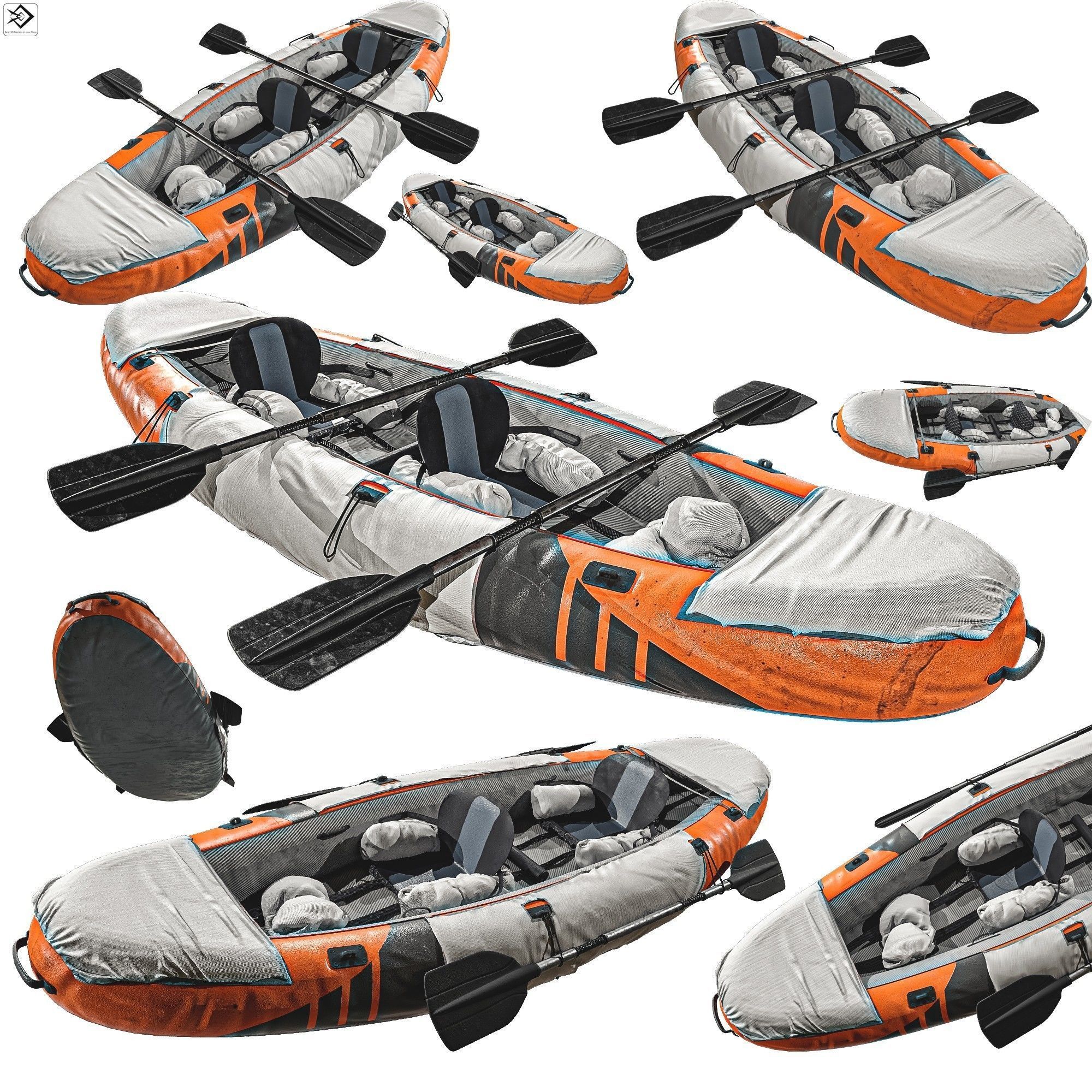 Can-Kayak-And-Paddles orange and raft 3D model_2