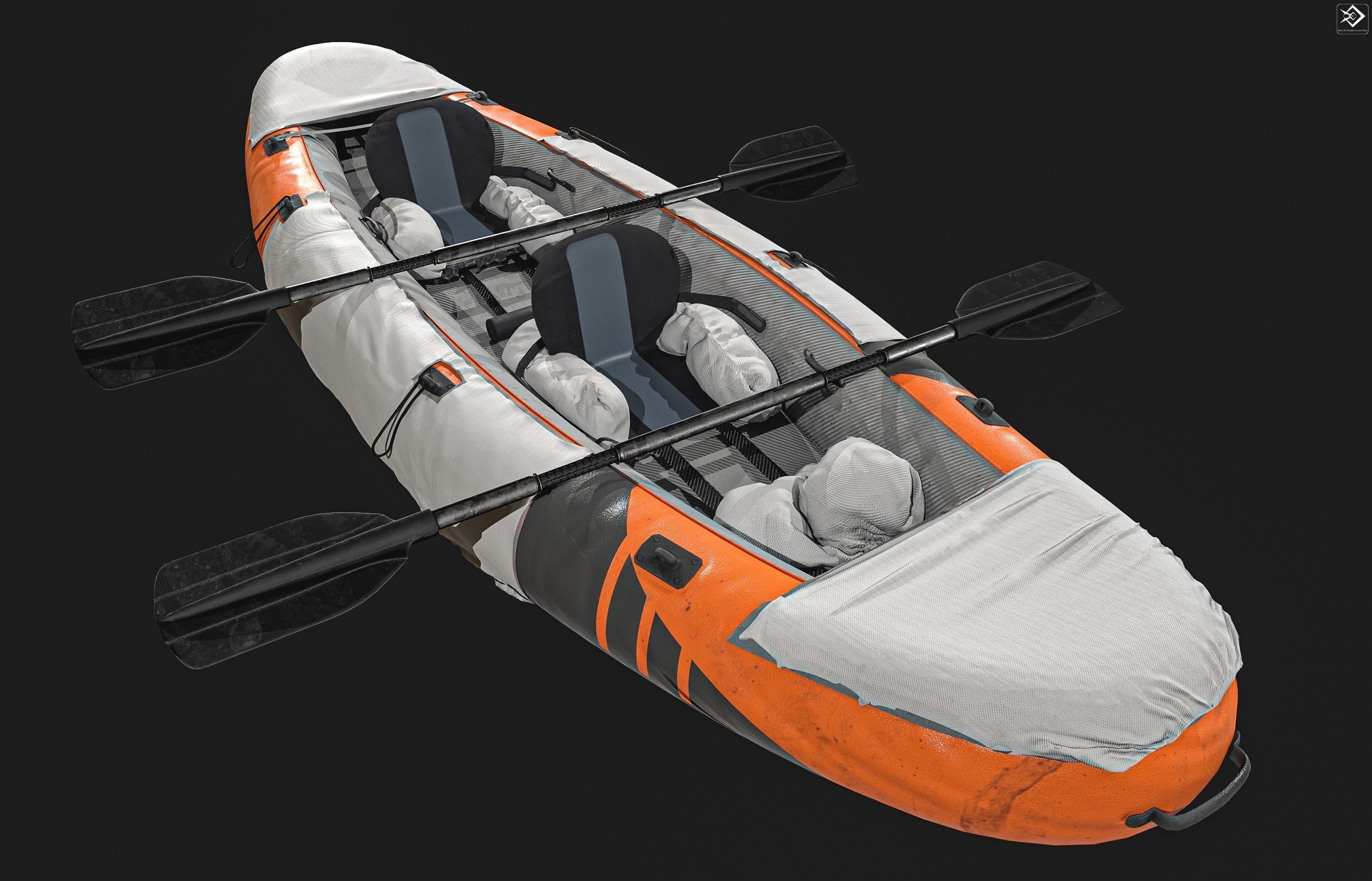 Can-Kayak-And-Paddles orange and raft 3D model_7