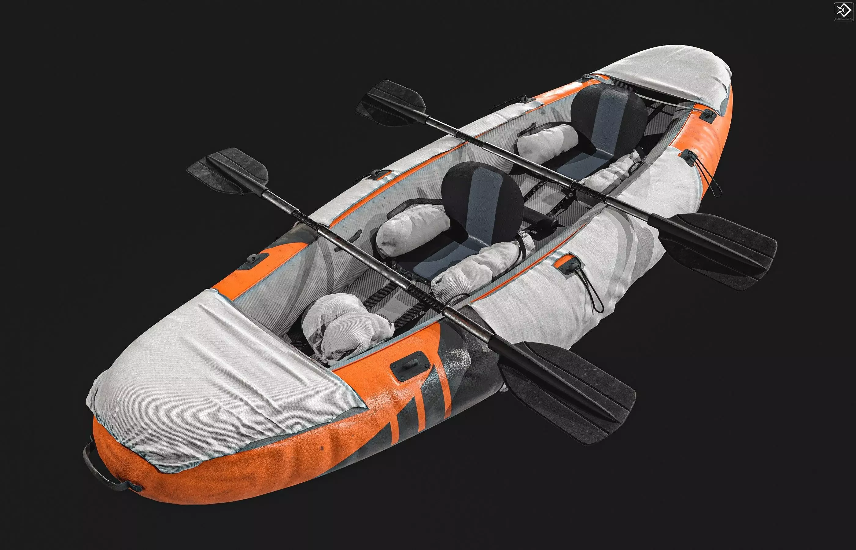 Can-Kayak-And-Paddles orange and raft 3D model_0