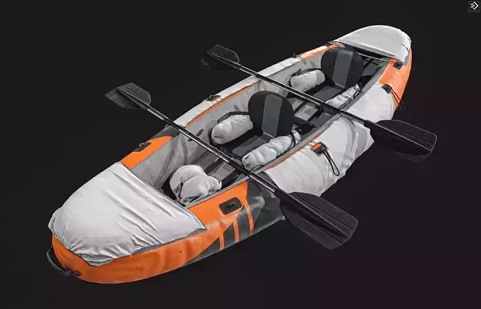 Can-Kayak-And-Paddles orange and raft 3D model