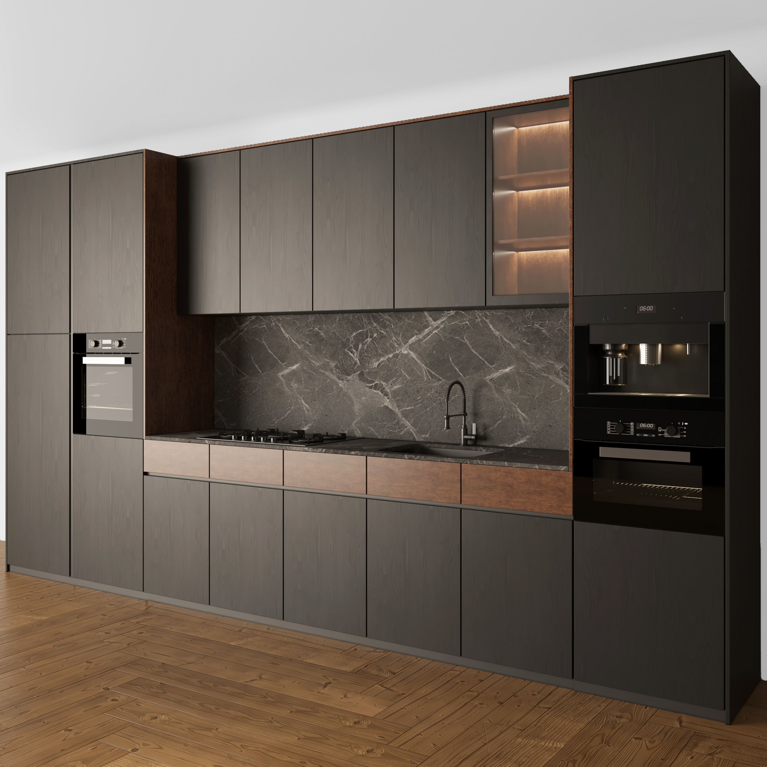 Kitchen Modern 05 Black and Wood 3D model_1