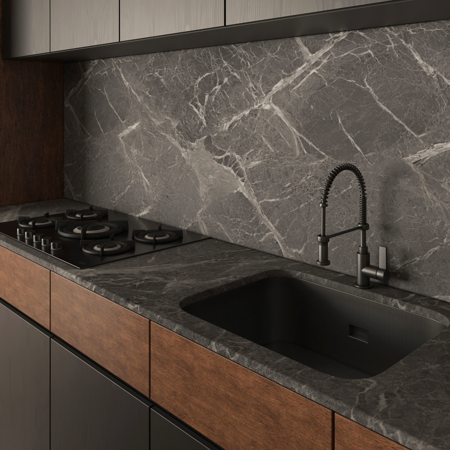 Kitchen Modern 05 Black and Wood 3D model_2