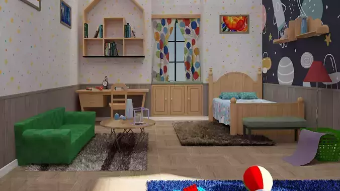Cartoon Building 3D Model with Interior 