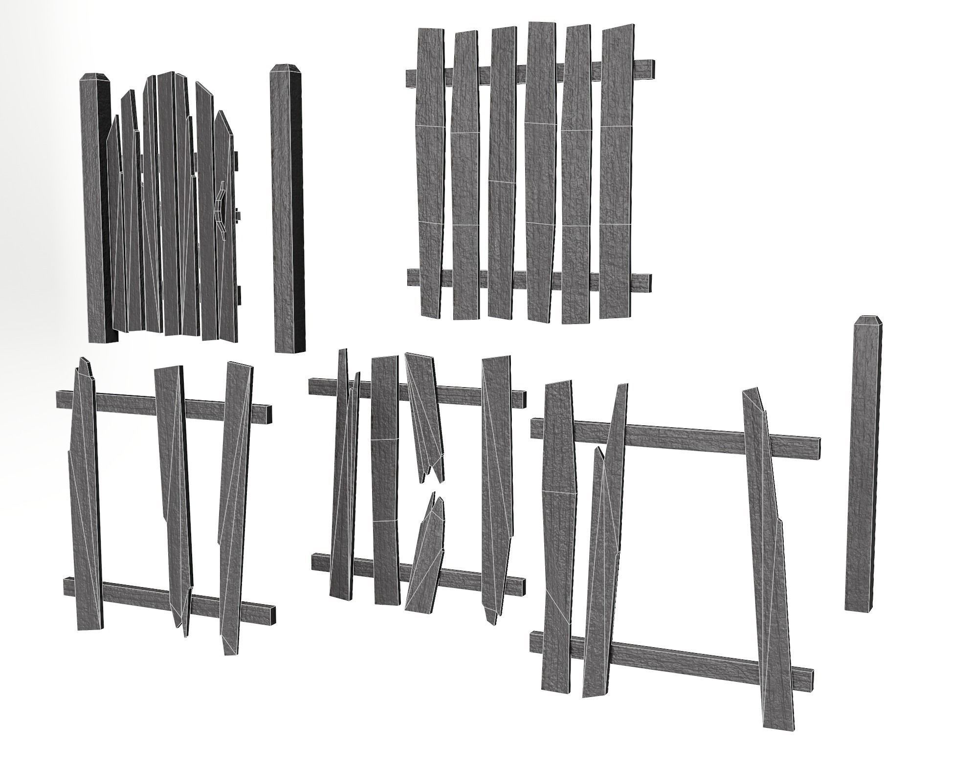 Old damaged raw wooden fence barrier A da1 Low-poly 3D model_18