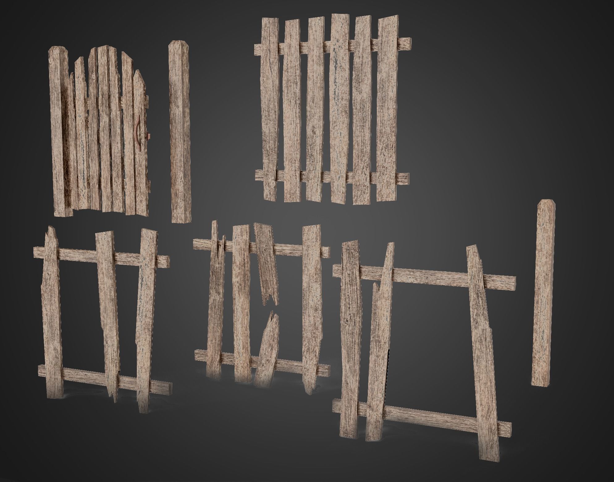 Old damaged raw wooden fence barrier A da1 Low-poly 3D model_1