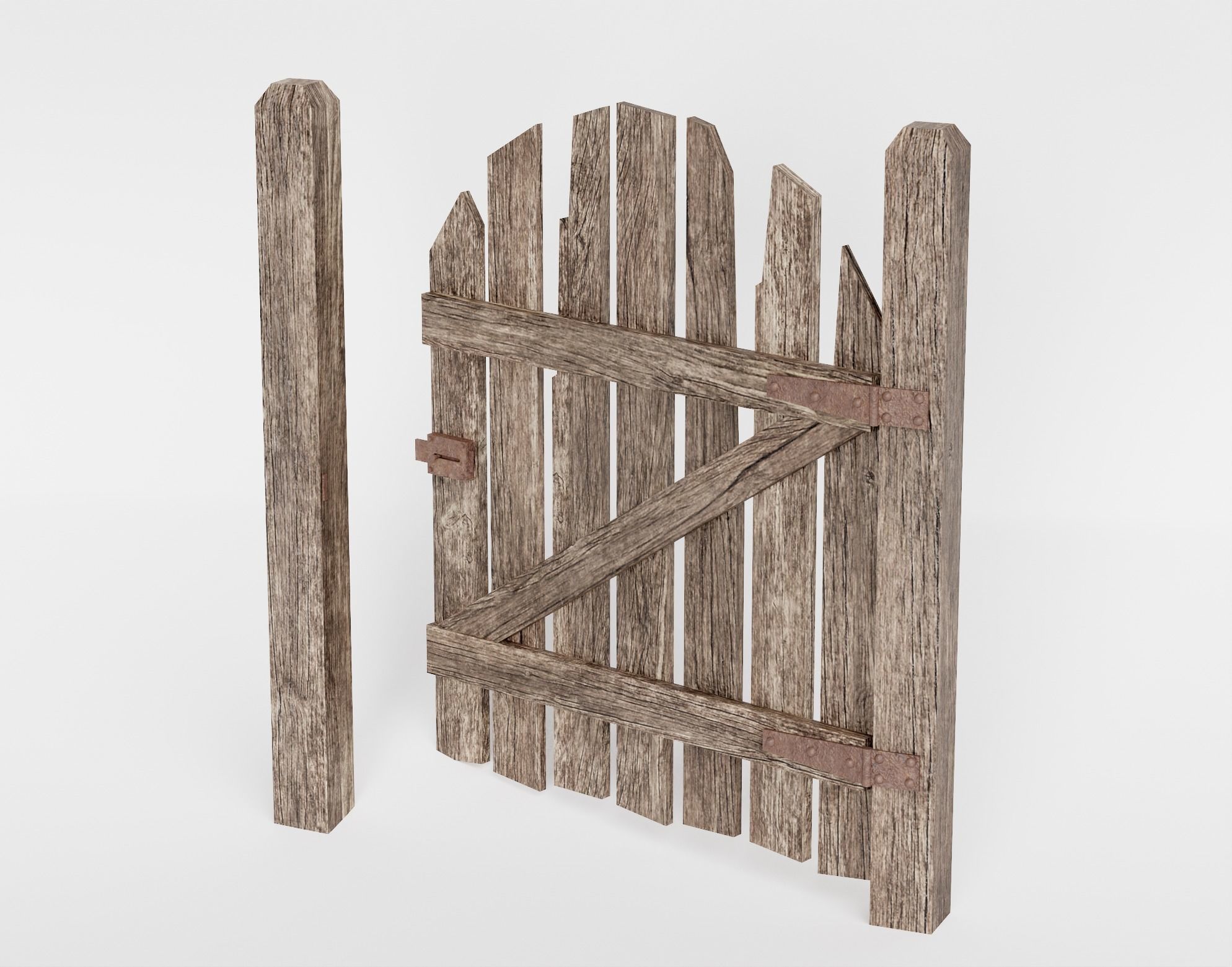 Old damaged raw wooden fence barrier A da1 Low-poly 3D model_7