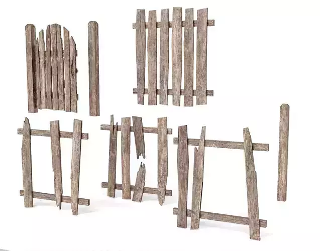 Old damaged raw wooden fence barrier A da1 Low-poly 3D model