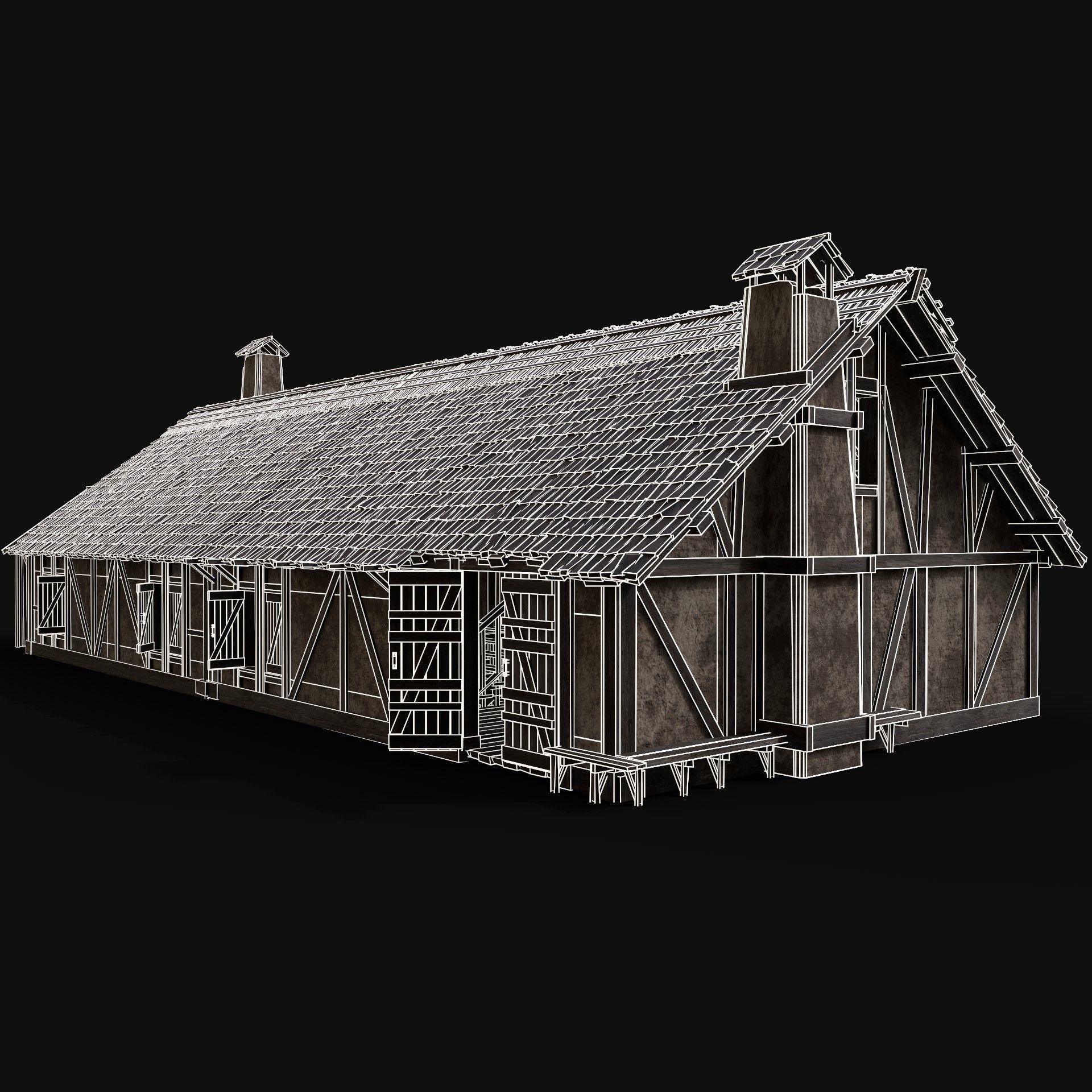 MEDIEVAL HOUSE ENTERABLE LONG HUT FARM COTTAGE WOODEN CABIN AAA Free low-poly 3D model_10