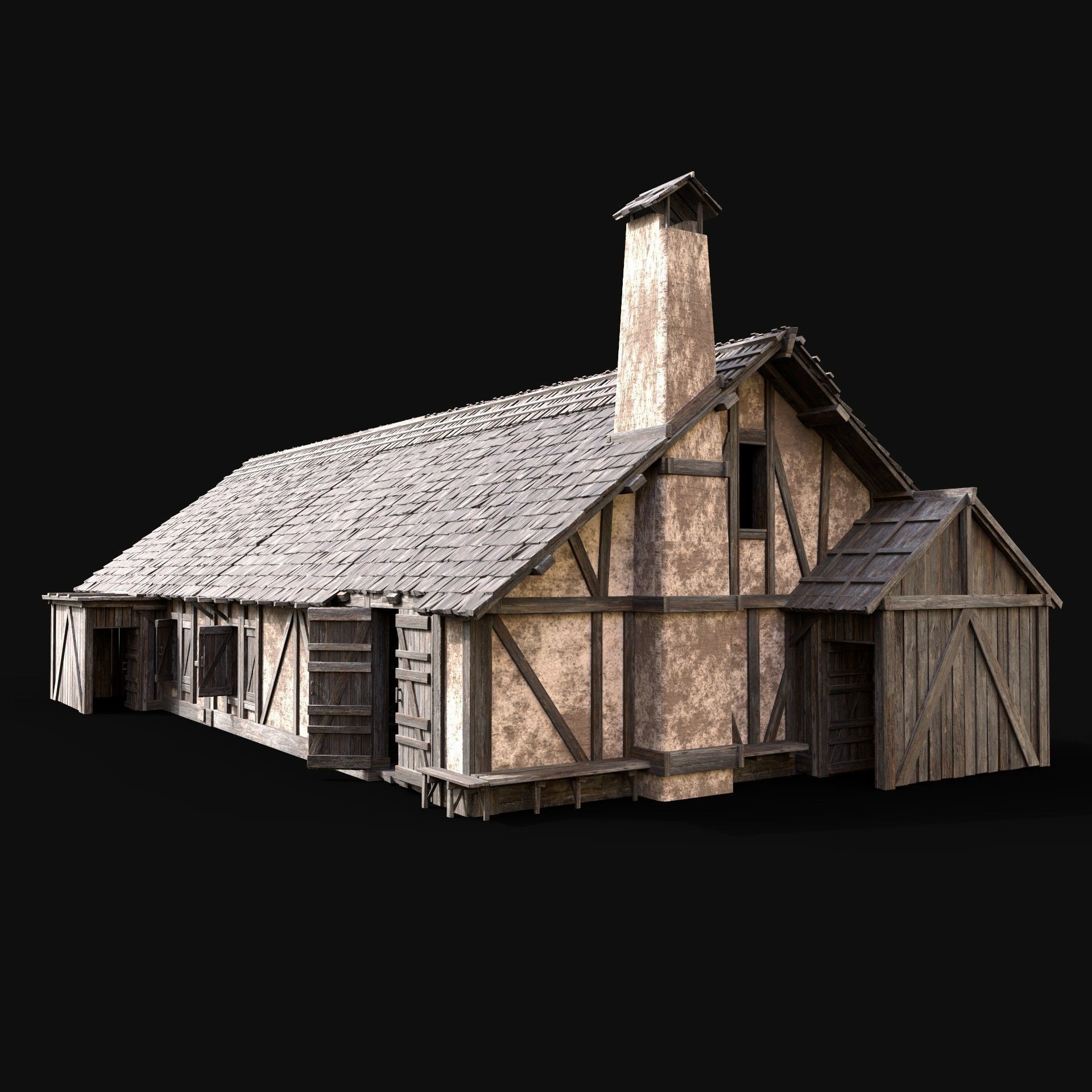 MEDIEVAL HOUSE ENTERABLE LONG HUT FARM COTTAGE WOODEN CABIN AAA Free low-poly 3D model_1