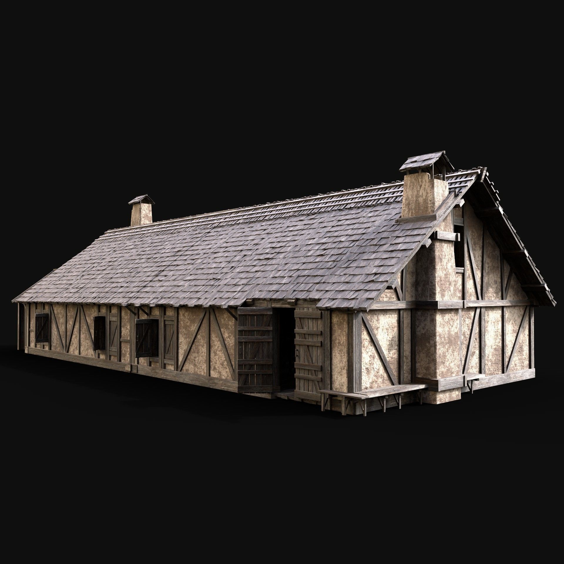 MEDIEVAL HOUSE ENTERABLE LONG HUT FARM COTTAGE WOODEN CABIN AAA Free low-poly 3D model_4