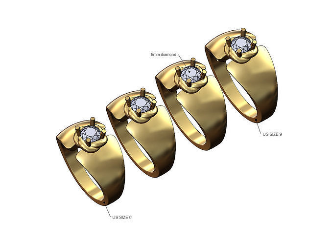 Wide split 5mm braided solitaire diamond ring US sizes 6 to 9 3D print model
