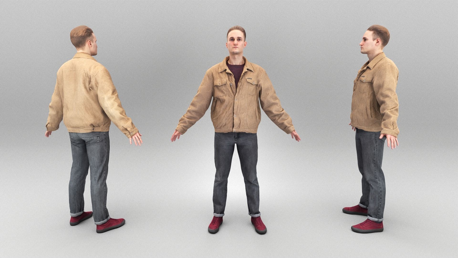 Young man in brown jacket in A-pose 372 Low-poly 3D model_3