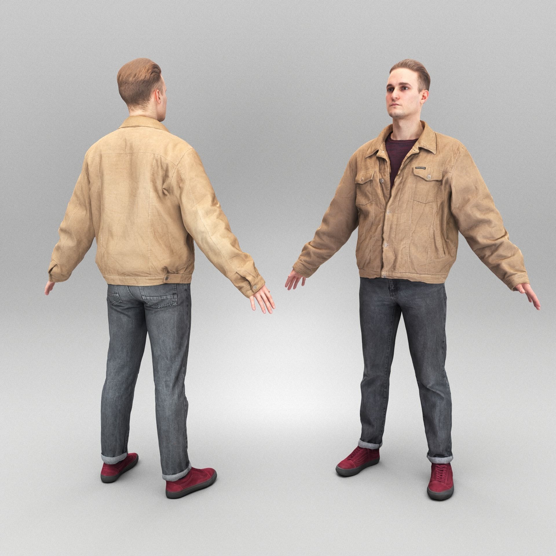 Young man in brown jacket in A-pose 372 Low-poly 3D model_2