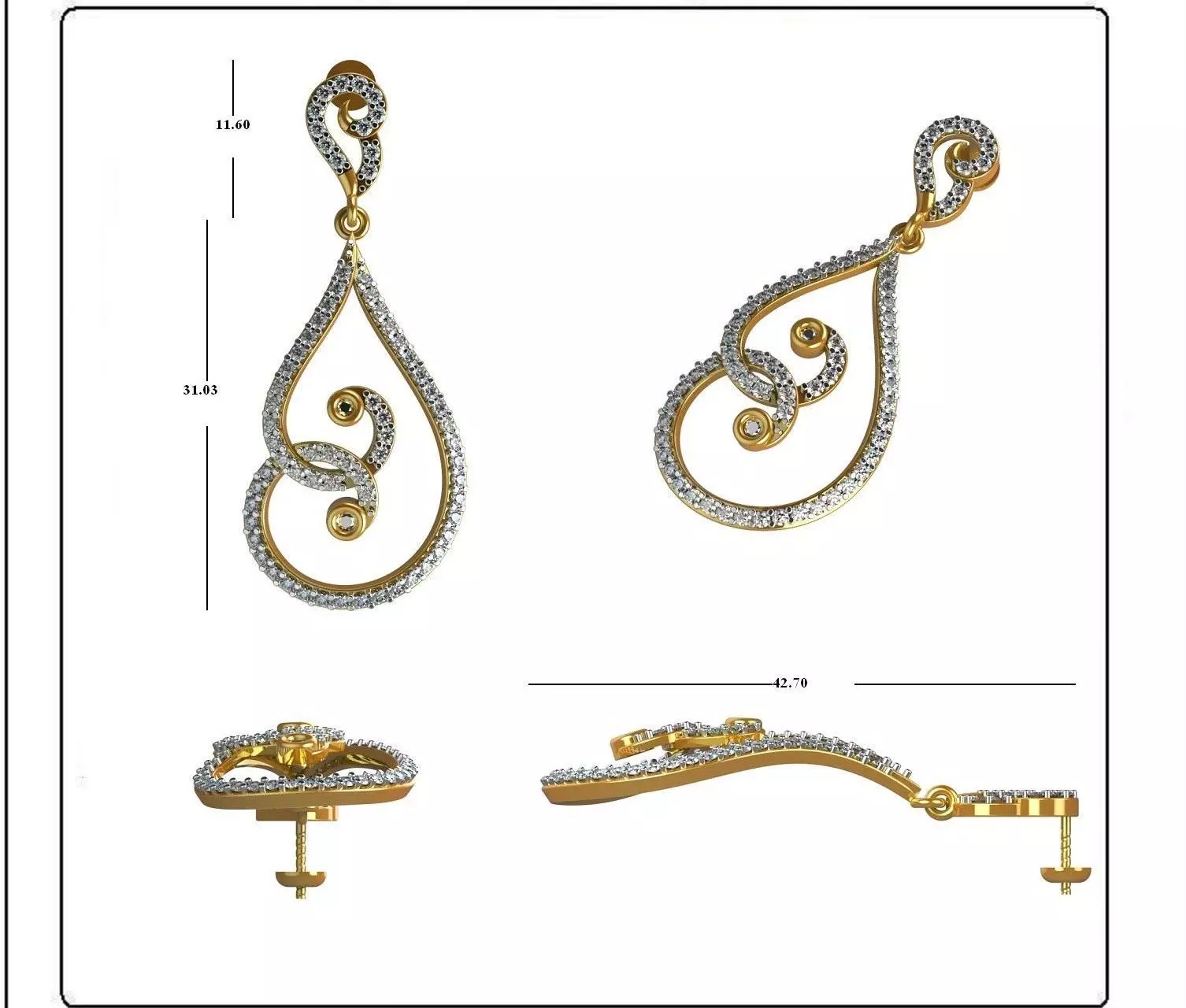 Solitaire Earrings 3DM STL OBJ FBX Render Details 3D print model_0