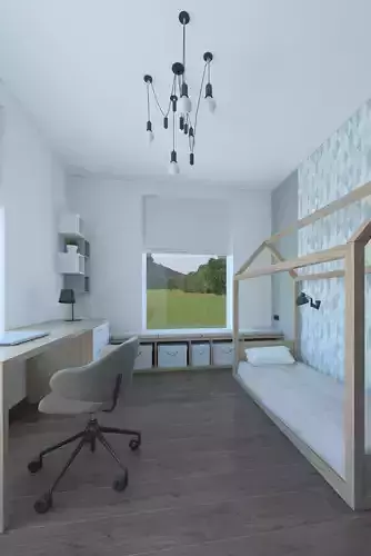 Childs room with a house bed