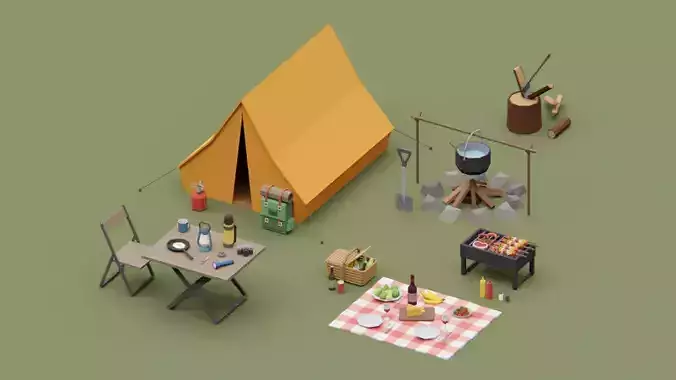 Camping picnic bbq props assets pack Low-poly 3D model