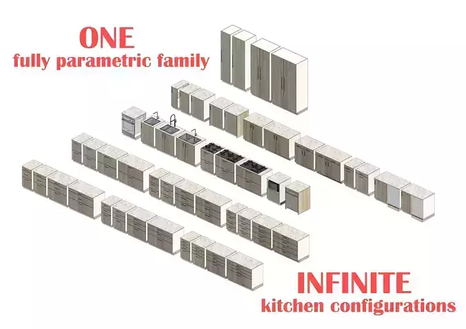 Fully Parametric Kitchen Family Revit 3D model