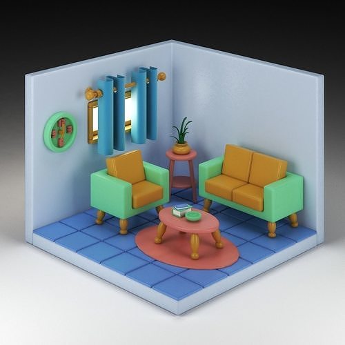 low poly isometric living room 3D model | CGTrader